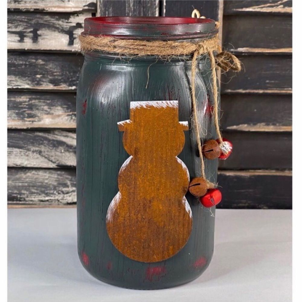 Hand-Painted Mason Jar, Merry Christmas, Tin Snowman, Snowflake, Bells, Green